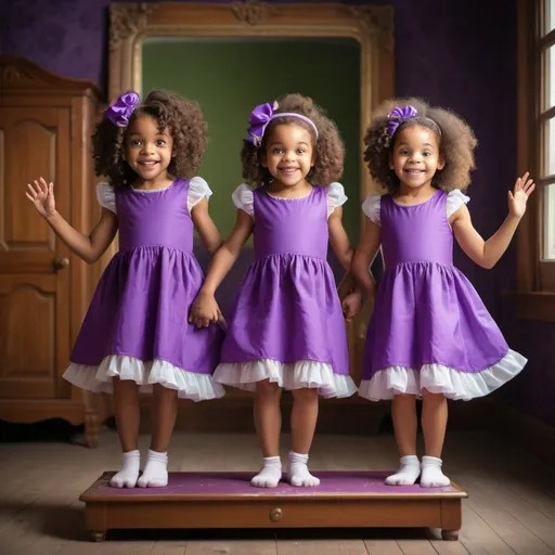 Prompt:  two Beautiful african american girls, curly brown hair, 6 years old twins, magic mirror, dusty attic, playing leap frog, wearing purple dresses.