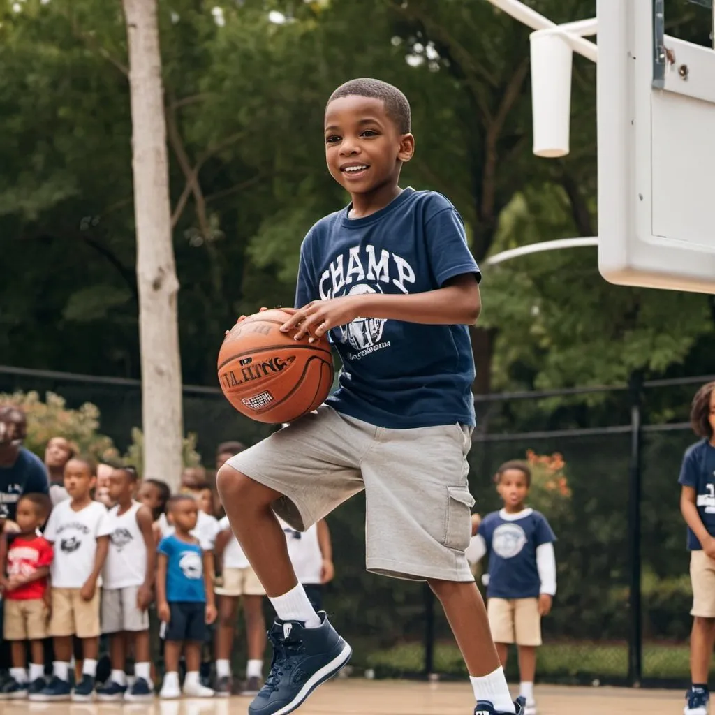 Prompt: David a 7 year old African American Boy  dressed in Jeans and a Navy Blue T-shirt and shorts, T shirt with the words CHAMP printed on the front ,  Dunks the basketball on the Court during a game.
