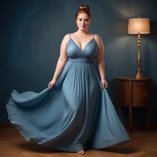 Prompt: Full-body portrait of a beautiful plump curvy woman, with auburn hair in a bun, hazel eyes, fair skin, freckles. She is wearing a floor length blue evening gown.