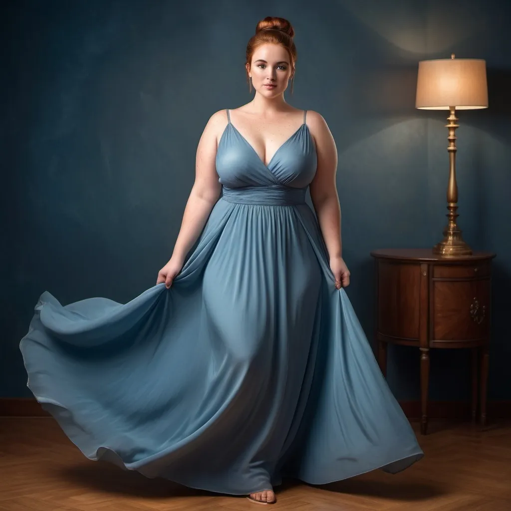 Prompt: Full-body portrait of a beautiful plump curvy woman, with auburn hair in a bun, hazel eyes, fair skin, freckles. She is wearing a floor length blue evening gown.