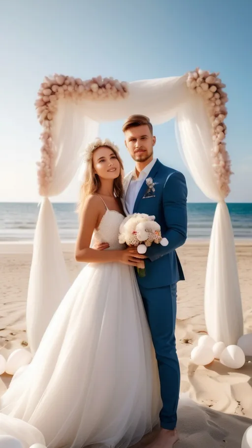 Prompt: Light image of wedding on the beach.  White good looking young couple.  Recepetion, young couples, arch with  flowers, baloons