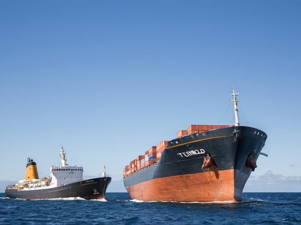 Prompt: a large ship sitting in the middle of the ocean next to a smaller boat in the water with a smaller boat in the background, Bernt Tunold, stuckism, turnaround, a stock photo