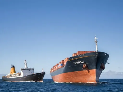 Prompt: a large ship sitting in the middle of the ocean next to a smaller boat in the water with a smaller boat in the background, Bernt Tunold, stuckism, turnaround, a stock photo