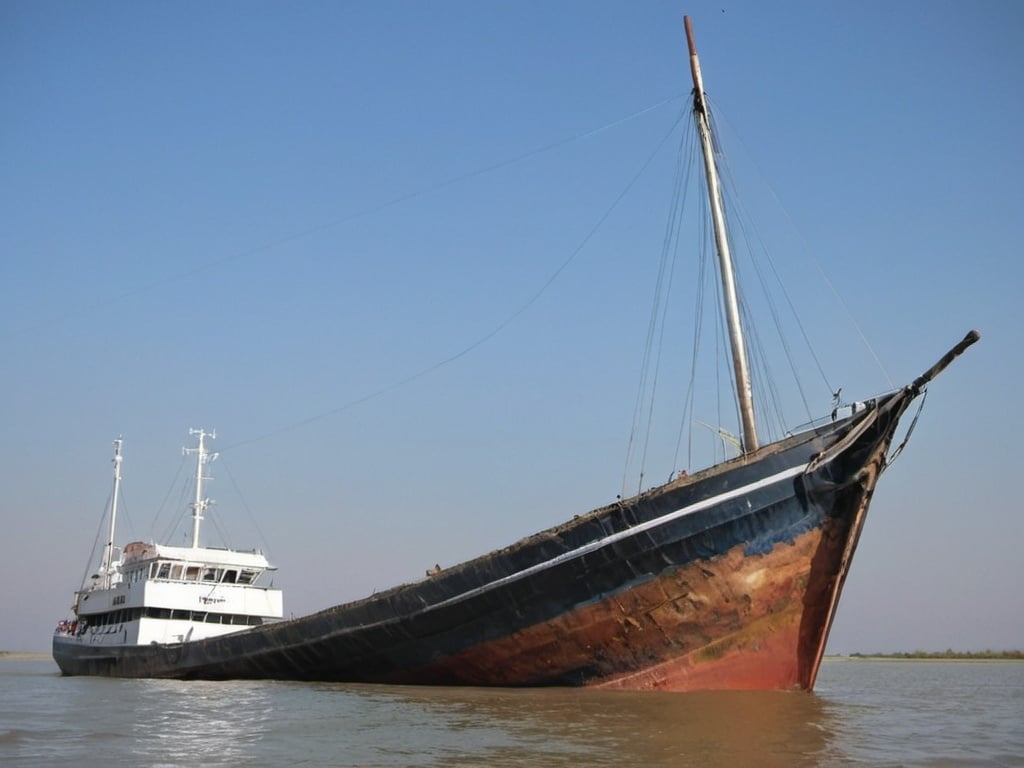 Prompt: The Romanian  Prince,   the melted sword in the keel of the Tohani vessel aground in Sulina. On the bow write Tohani. The photo source not to be modified. 
