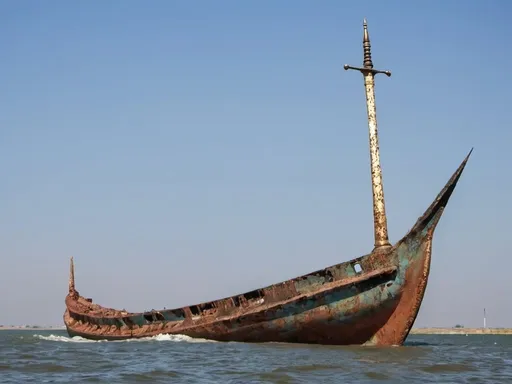 Prompt:  Prince,  sword in the keel of the Tohani vessel aground in Sulina. On the bow write Tohani. Rusty command 