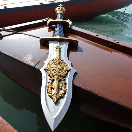 Prompt: A prince sword melted in the keel of a cargo ship Tohani of Sulina.