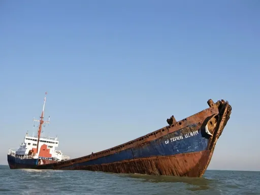 Prompt: A prince sword melted in the keel of a cargo ship aground 10 years ago Tohani of Sulina.