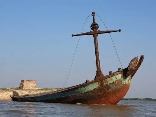 Prompt:  Prince,  sword in the keel of the Tohani vessel aground in Sulina. On the bow write Tohani. Rusty command 