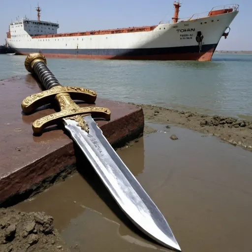 Prompt: A prince sword melted in the keel of a cargo ship aground 10 years ago Tohani of Sulina.