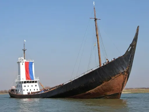 Prompt: The Romanian Nicolae Prince,  want to be remembered for the melted sword in the keel of the Tohani vessel aground in Sulina. On the bow write Tohani. The photo source not to be modified
