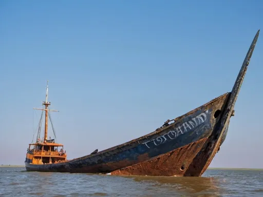 Prompt:  Prince,  sword in the keel of the Tohani vessel aground in Sulina. On the bow write Tohani. Rusty command 