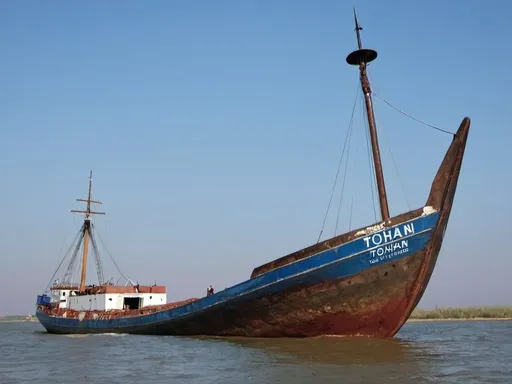 Prompt: The Romanian  Prince,  sword in the keel of the Tohani vessel aground in Sulina. On the bow write Tohani. The photo source not to be modified. 
