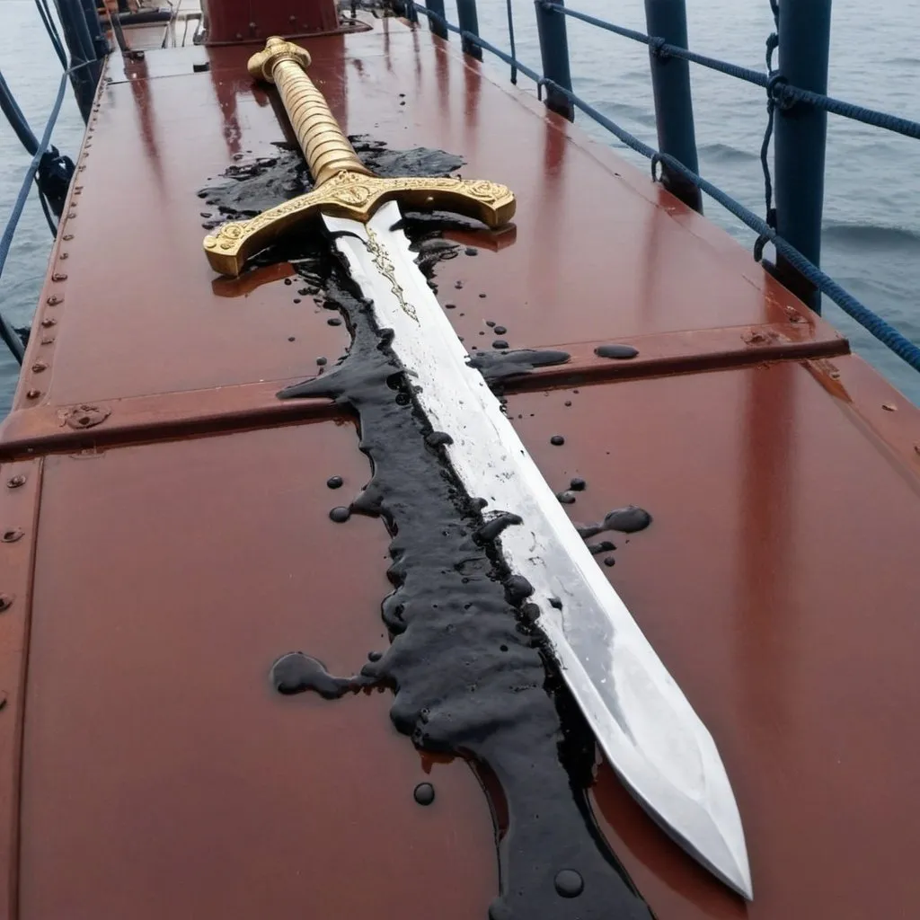 Prompt: A prince sword melted in the keel of a cargo ship.