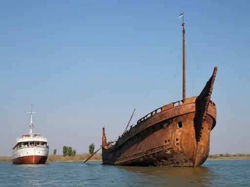 Prompt: The Romanian Nicolae Prince,  want to be remembered for the melted sword in the keel of the Tohani vessel aground in Sulina. On the bow write Tohani. The photo source not to be modified. The castle is rusty
