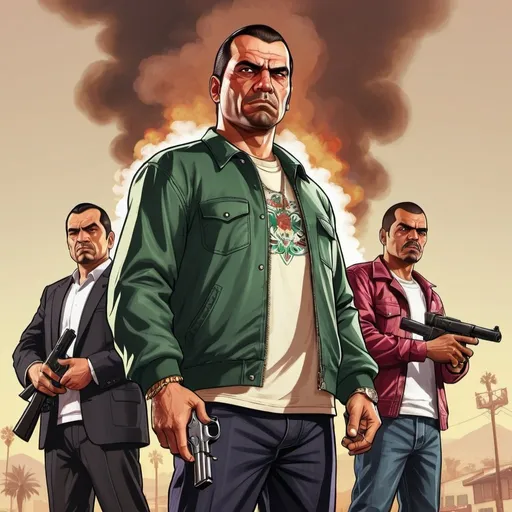 Prompt: GTA V cover art, Mexicanos man with gang clothing, smoke and gun in hand cartoon illustration