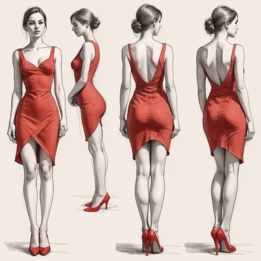 Prompt: Make a set of four sketches of a woman in a short red dress. The woman has her back turned to the viewer in each sketch, and she is shown from four different angles. The sketches show the woman's posture and the way the dress accentuates her figure.