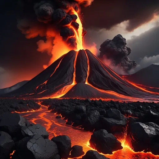 Prompt: (Volcano erupting), lava (flowing down) the sides, surrounded by charred black rock, enhanced orange and red hues from the molten lava, dark smoky clouds in the sky, strong warm glow radiating, high-detail, dramatic atmosphere, (4K resolution), showcasing the raw power of nature with contrast of fiery elements against the dark landscape.