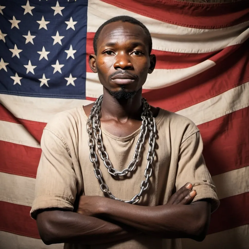 Prompt: African villager in chains
with American Flag background