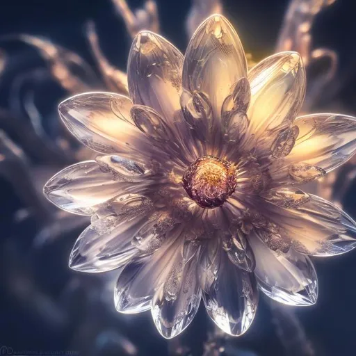 Prompt: Crystal flower representing nature, detailed and delicate petals, highres, detailed, intricate design, crystal medium, vibrant colors, botanical, fantasy, nature elements, ethereal lighting