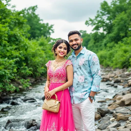 Prompt: Amidst a lush green backdrop under a cloudy sky, a young couple stands close to a flowing body of water, radiating a sense of joy and camaraderie. The girl, adorned in a vibrant pink dress with intricate details and a shimmering golden handbag, exudes elegance, while the boy, dressed in a light blue floral-patterned shirt and white pants, complements her with a relaxed yet stylish demeanor. Their smiles reveal a mix of confidence and happiness, as they pose together with the rocky terrain at their feet. The scene captures a moment of connection and celebration, enriched by the serene atmosphere created by the surrounding nature and the gently flowing river.