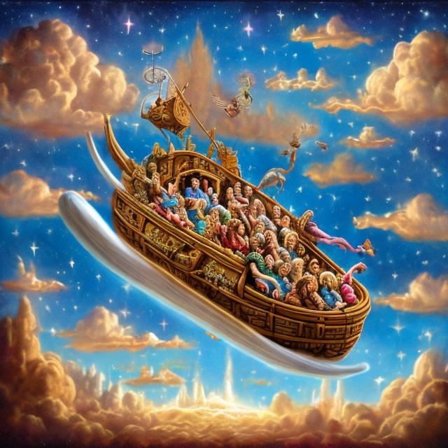 Prompt: Noahs ark flying in the sky