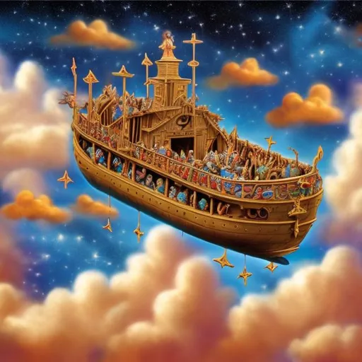 Prompt: Noahs ark flying in the sky