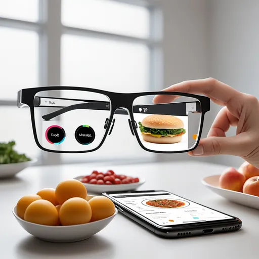 Prompt: 1. Diet Detection Food Recognition: Equipped with a high-resolution camera and AI algorithms, the glasses can identify various food items and calculate their nutritional content, including calories, macronutrients, and micronutrients. Real-Time Analysis: Users can simply gaze at their food, and the glasses will provide instant nutritional information, helping them make informed choices on the spot. 3. Dietary Suggestions Personalized Recommendations: Based on individual dietary habits and activity levels, the companion app will suggest healthier food options and tailored meal plans.