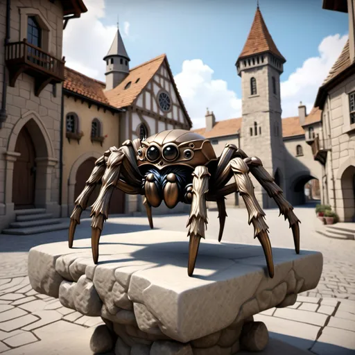 Prompt: Fantasy illustration, dnd, statue of a big jumping spider made of stone and bronze in a medieval town