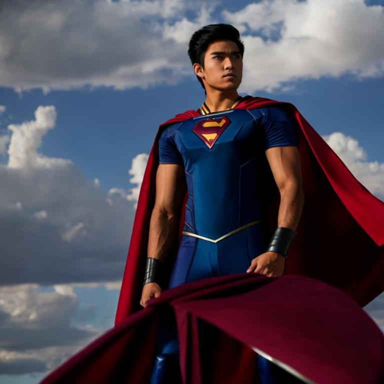 Prompt: Tall, young, and handsome filipino superhero with a cape