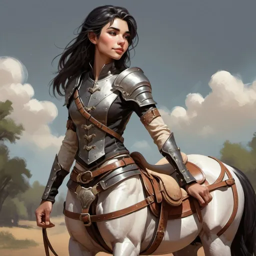 Prompt: change pose, happy, digital painting, leather horse saddle, dreamy and whimsical atmosphere, best quality, ultra-detailed,  young, youthful, dreamy atmosphere, playful, innocent expression, adorable, professional, soft lighting, black hair, heavy armor,  digital painting, trending on artstation, concept art, sharp focus, illustration