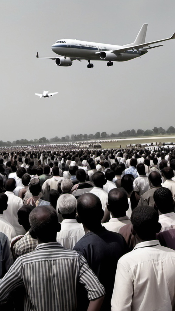 Prompt: Poor people watching an aeroplane fly and let the people be in one side of the photo and let there be space between aeroplane and people . They should be standing in one side let the other side be free