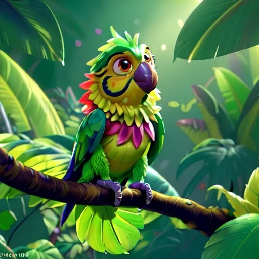 Prompt: (fantasy character) Polly the Parrot, vibrant green feathers, colorful wings, curious eyes, perched on a tropical branch, surrounded by lush jungle foliage, a splash of jungle flowers in the background, (cheerful atmosphere), sunlight filtering through leaves casting playful shadows, (highly detailed) 4K quality, enchanting ambiance of wildlife sounds and the beauty of untamed nature.