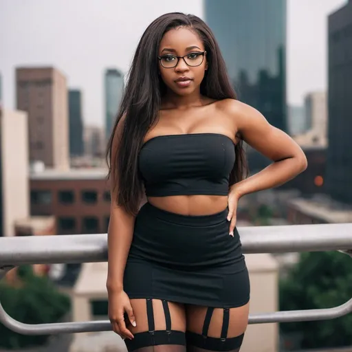 Prompt: A beautiful black woman, long hair, micro skirt, tube top, stockings, glasses, thick thighs, cute pose, portrait, cityscape