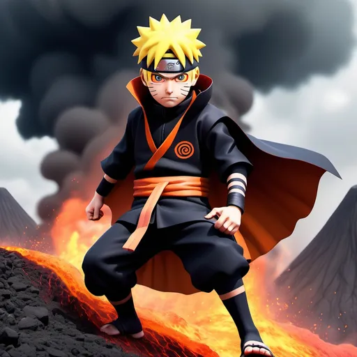 Prompt: evil Naruto going super mode defeating every minion on top of a volcano.