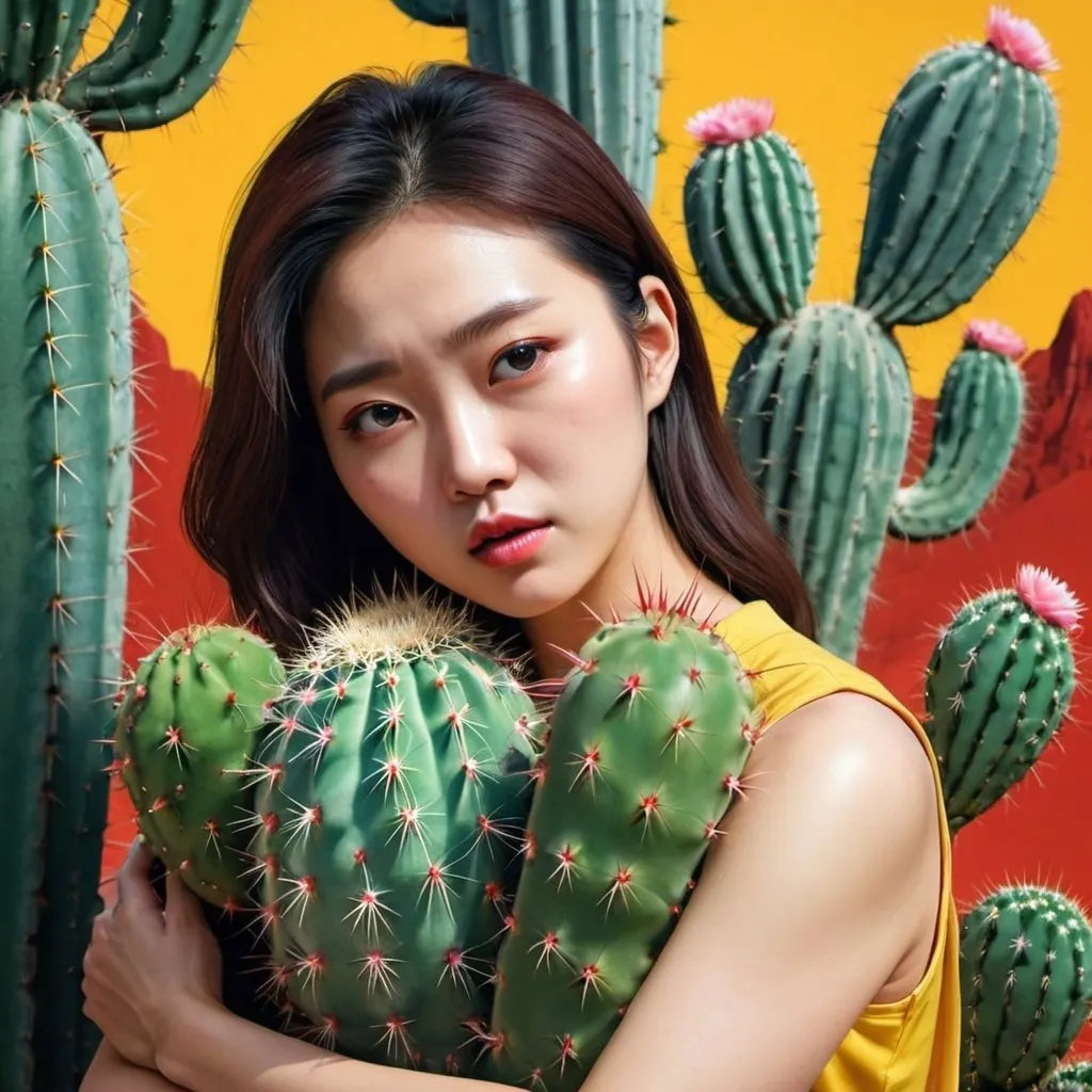 Prompt: From the image provided, make the korean woman's arms a bit larger on the frame and include details of her arms getting hurt by the throne of the cactus. There can be some spike left on her arm and blood coming out of it