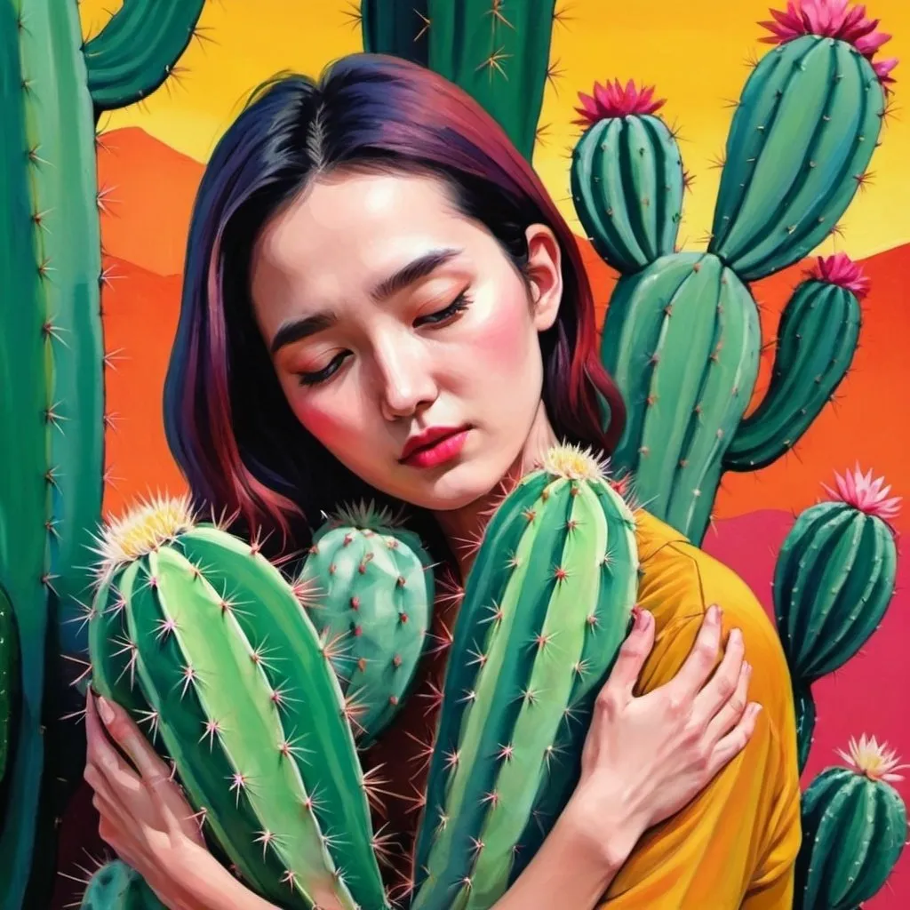 Prompt: From the image provided, keep the whole scence of the picture (cactus and the woman hugging the cactus) and make the woman a korean and use more fauvist inspired colours