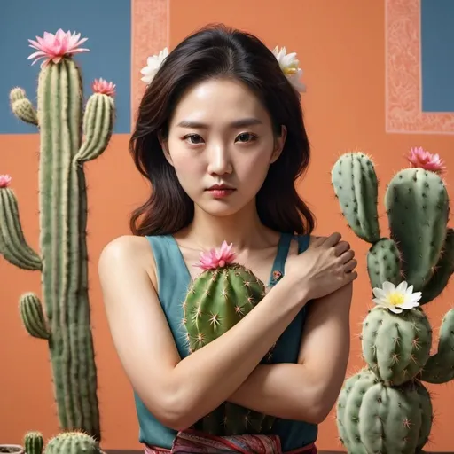 Prompt: From the image provided, enlarge the cactus to take 2/3 of the whole fram to make it look like the korean woman is fully wrapping her arms 