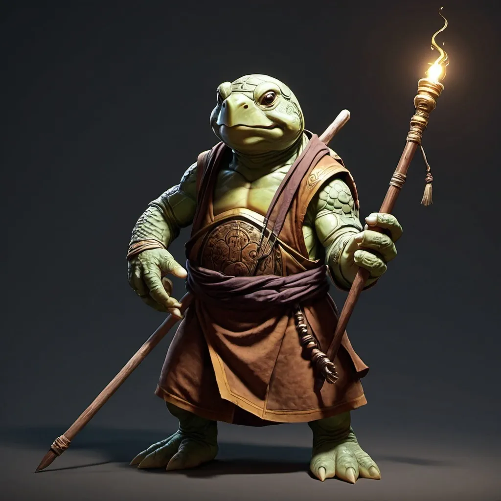 Prompt: a dnd turtle monk who uses a quarter staff and uses lighting. 