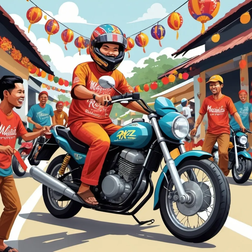 Prompt: Happening festive , illustration . Cheerful , vibes , detailed . Fun and fresh , malaysia culture , malay races . Rxz motorcycle