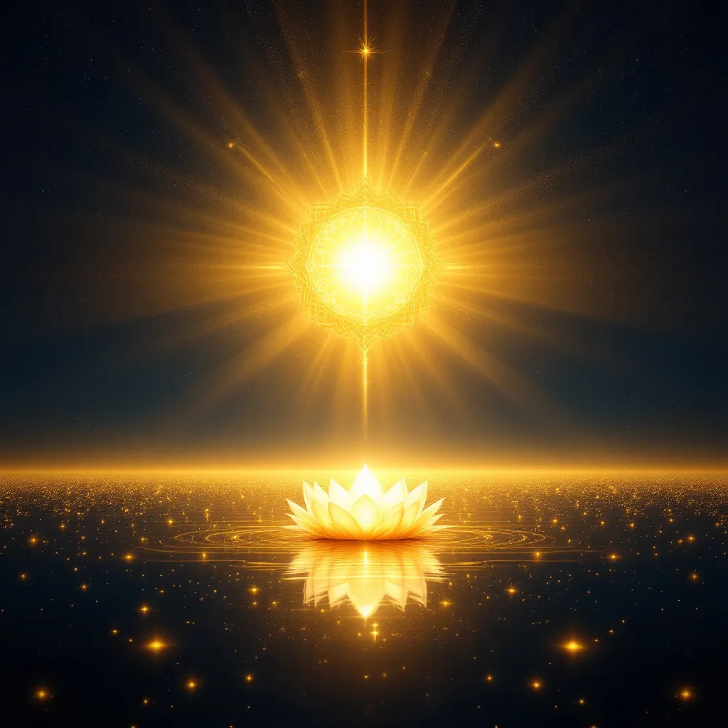 Prompt: A serene digital art of divine golden light rays emanating from center, with subtle Hindu spiritual symbols, soft glowing effect, ethereal atmosphere, professional splash screen style, dark background with golden light beams
