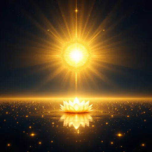 Prompt: A serene digital art of divine golden light rays emanating from center, with subtle Hindu spiritual symbols, soft glowing effect, ethereal atmosphere, professional splash screen style, dark background with golden light beams
