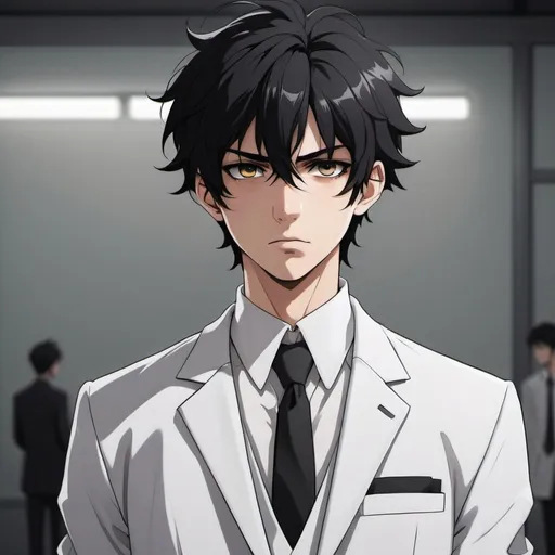 Prompt: 20 year old mature boy with black messy hair, black eyes, serious attitude, no light in his eyes, in a white academy suit, anime artstyle