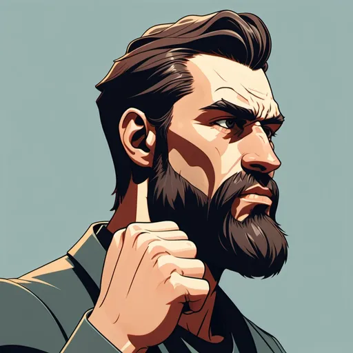 Prompt: Vmphntd aesthetic style cel animation of nikopueringer Man,beard, profile, fist, hand