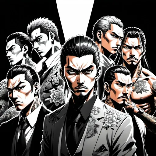 Prompt: Hand-drawn anime manga panel, monochrome, noir, group of yakuza members, detailed character designs, intense expressions, intricate tattoos, dramatic lighting, high contrast, professional, highres, detailed, monochrome, noir, intense expressions, dramatic lighting, intricate designs
