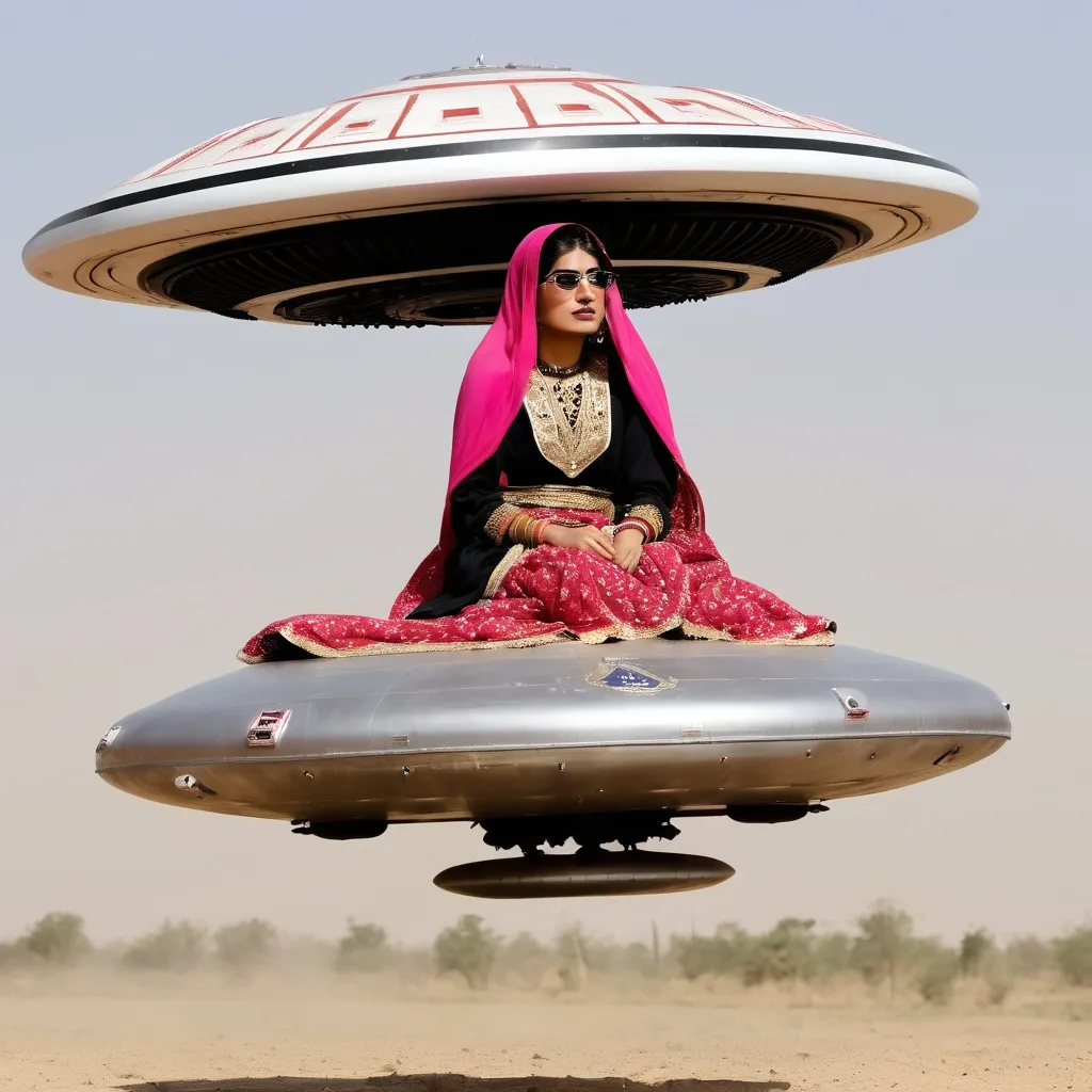 Prompt: A pakistani woman in cultural clothing riding a UFO