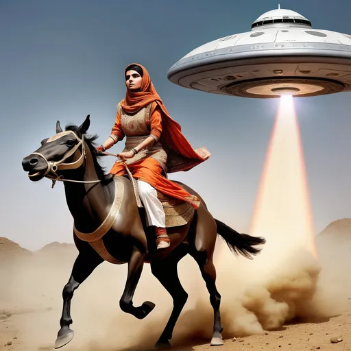 Prompt: A pakistani woman warrior in cultural clothing riding a UFO in battle