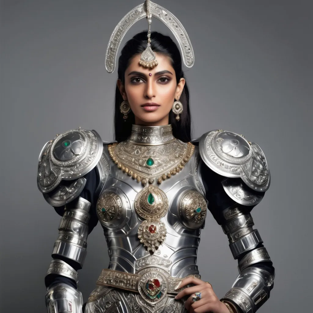 Prompt: Tall Pakistani woman dressed in high tech armor with jewelry as weapons