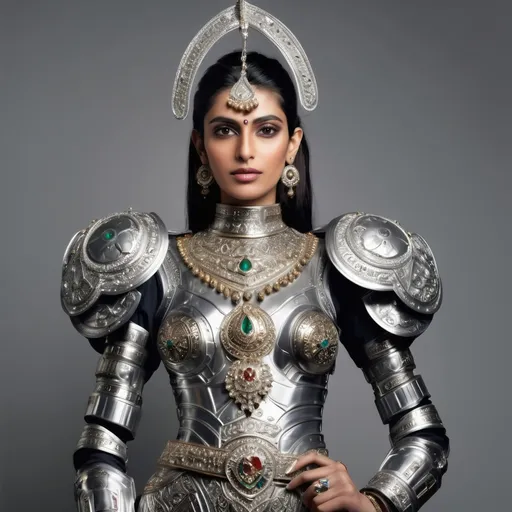 Prompt: Tall Pakistani woman dressed in high tech armor with jewelry as weapons