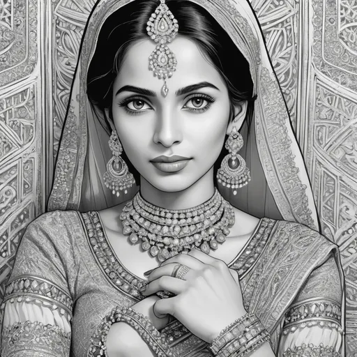 Prompt: B&W coloring book page, pakistani woman in langa and jewelry