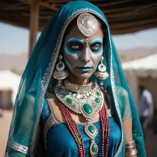 Prompt: An alien woman dressed in a langa and pakistani jewelry 